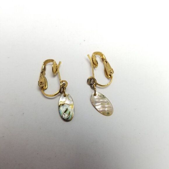 Vintage Littler Mother Of Pearl Disc Dangle Clip On Earrings, Retro Estate - Picture 4 of 5